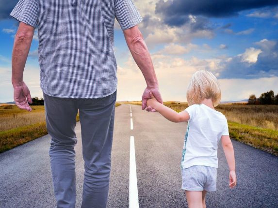 father, son, walking